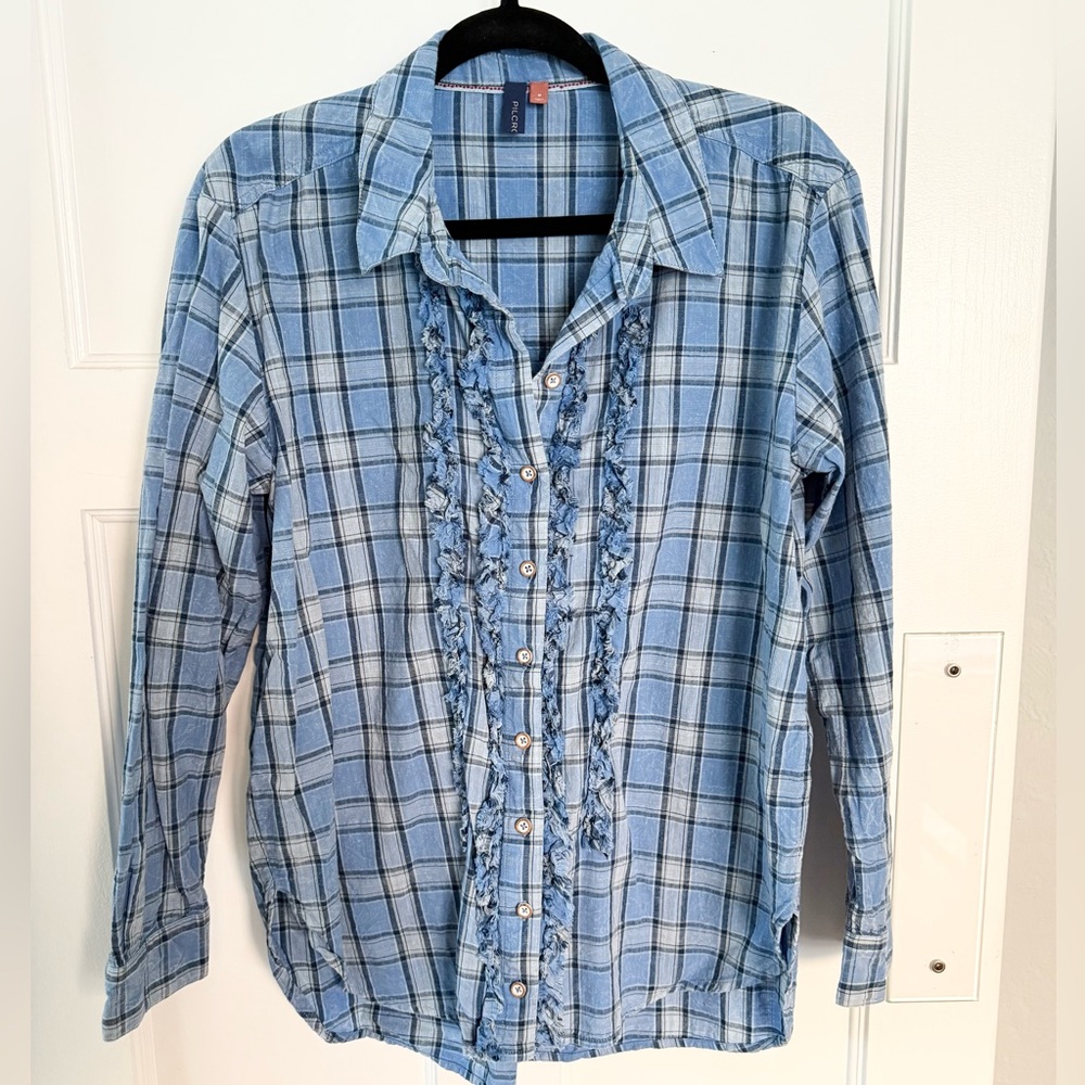 Anthropology Pilcro Blue Plaid Tuxedo Cotton Shirt